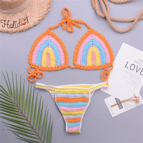 bohemian rainbow handmade crochet knitted bikini set top bottom