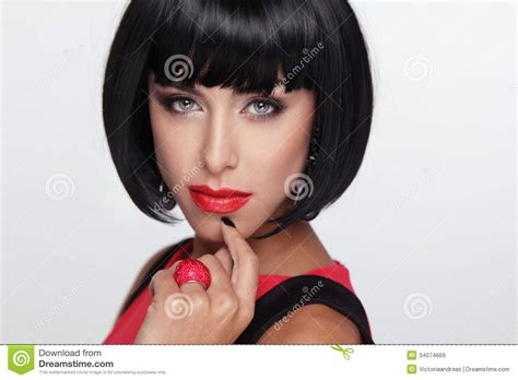 Beauty Brunette Woman With Red Lips Makeup Stylish