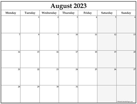 august  monday calendar monday  sunday