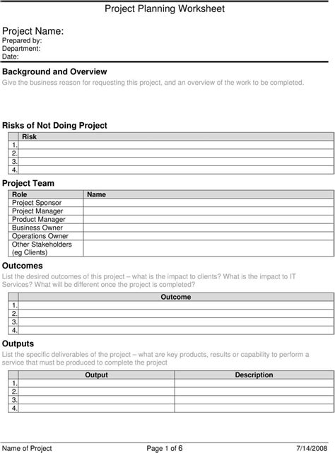 project planning worksheet db excelcom