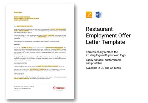 restaurant employment offer letter template  word apple pages