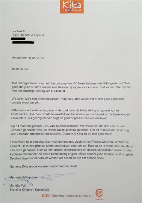 bedankbrief van kika voor de enorme opbrengst vv sweel