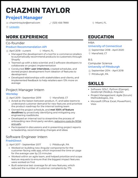 entry level project manager resume examples