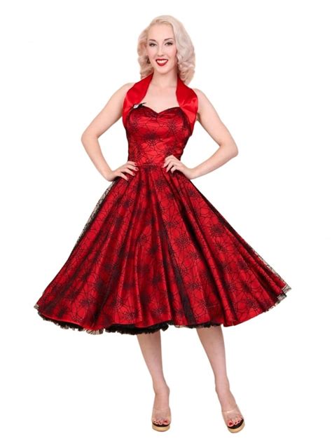 1950s Halterneck Luxury Red Satin Spiderweb Dress From