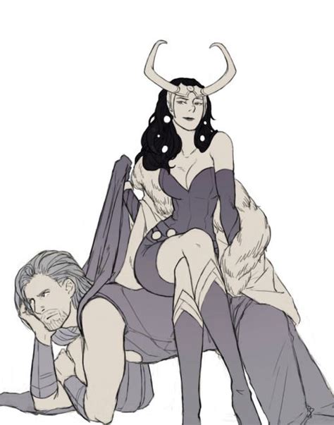 [image thor on his hands and knees lady loki is sitting