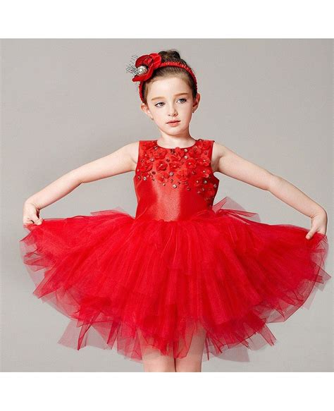 Hot Red Short Asymmetrical Tulle Flower Girl Dress In Sleeveless Gemgrace