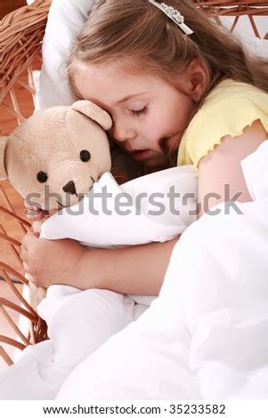 portrait  cute  girl sleeping  teddy stock photo