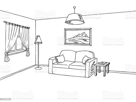 living room interior black white sketch illustration vector stock