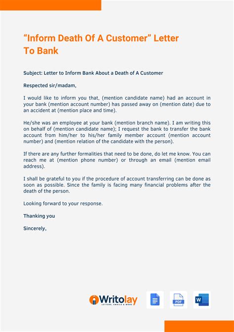 death information letter  bank  templates writolay