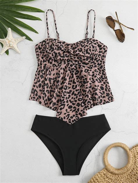 Shein Swim Summer Beach Leopard Ruched Front Hanky Hem High Waisted