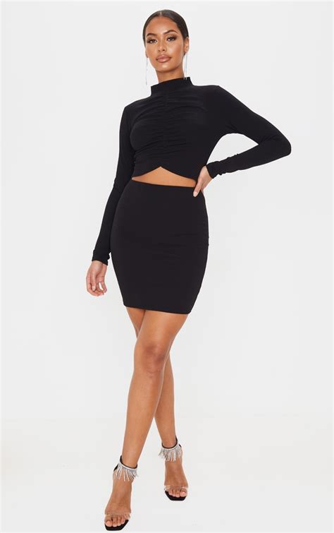 black long sleeve high neck ruched bodycon dress prettylittlething