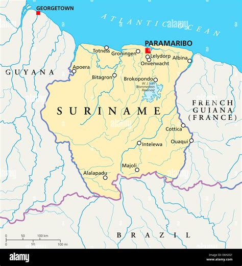 suriname political map  capital paramaribo national borders  important cities rivers