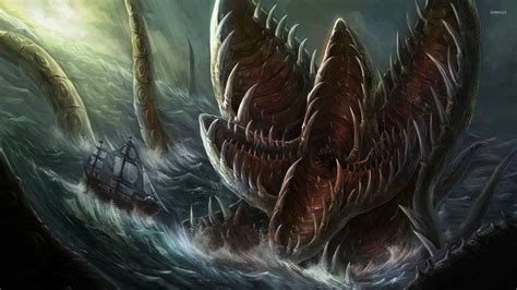 sea monster attacking  sailing ship wallpaper fantasy wallpapers