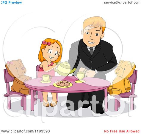 Cartoon Of A Happy Father Playing Tea Party With His