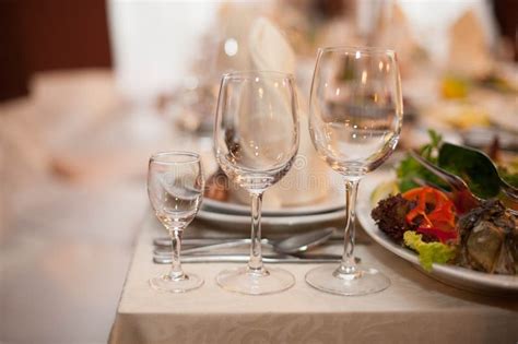 wedding nicely decorated table serving glasses stock photo image