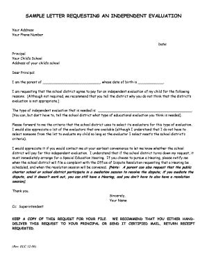 fillable  sample letter requesting  independent evaluation fax