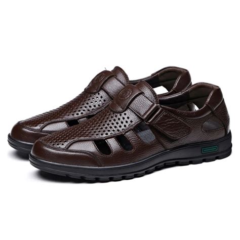 genuine leather men sandals shoes fretwork breathable fisherman shoes