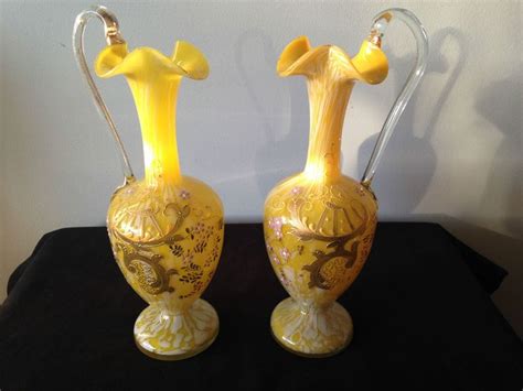 Pair Of Yellow And White Spatter Glass Vases Pitchers W Hand