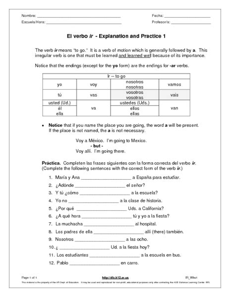 el verbo ir explanation and practice 1 worksheet for 6th 9th grade