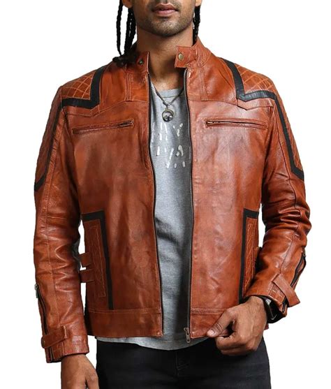 striped style mens designer brown leather jacket