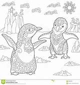 Young Penguins Stylized Zentangle Coloring Arctic Adult Antistress Background Preview sketch template