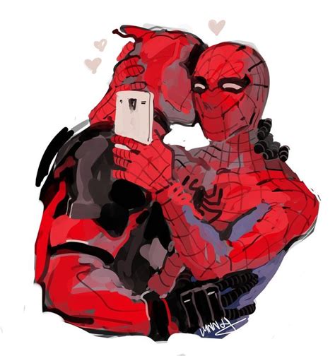 cheek kiss by wiltking spideypool deadpool and spiderman deadpool x