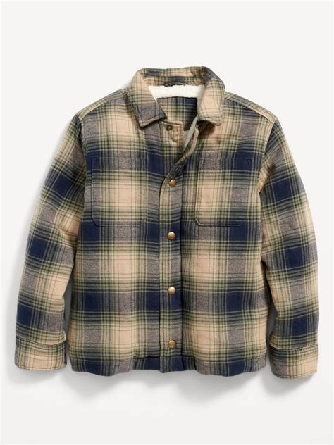 gender neutral cozy plaid flannel sherpa lined shacket  kids  navy