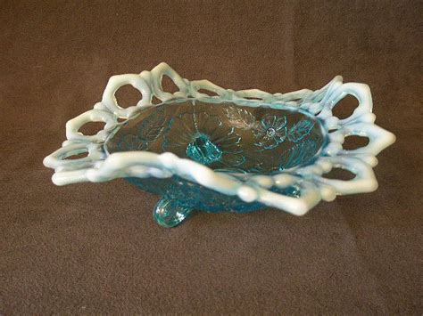 Northwood Glass Blue Opalescent Shell And Wild Rose Footed Bowl