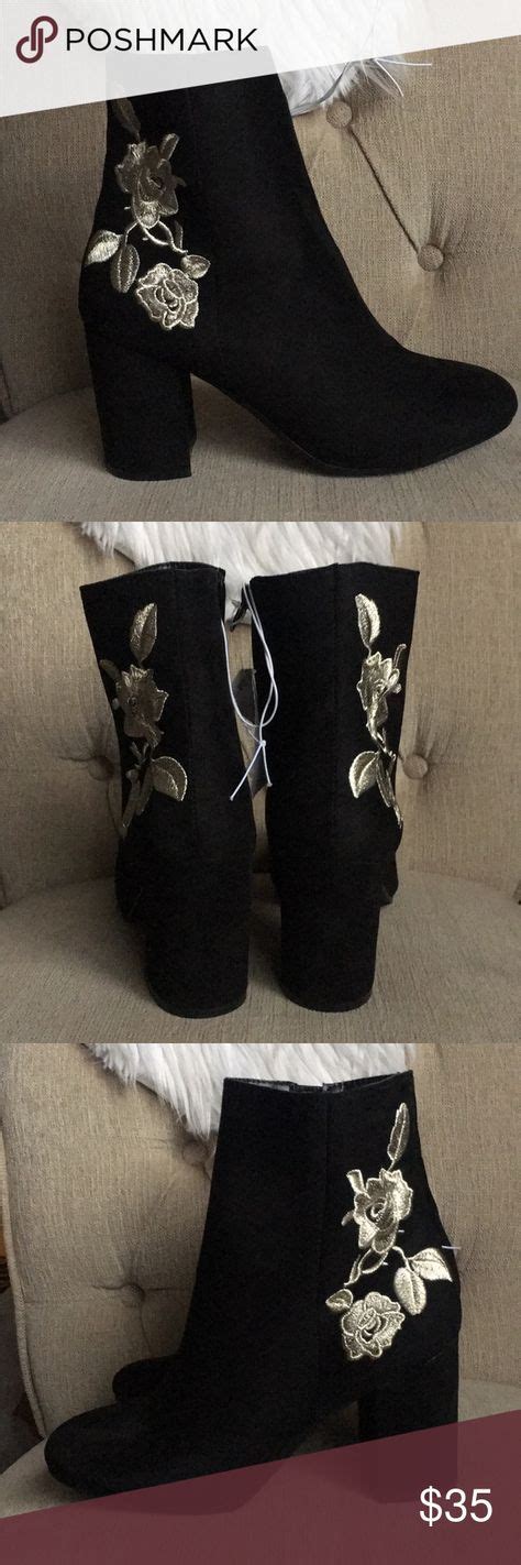 black flower print chunky heel boots size  nwt  images embroidered boots chunky