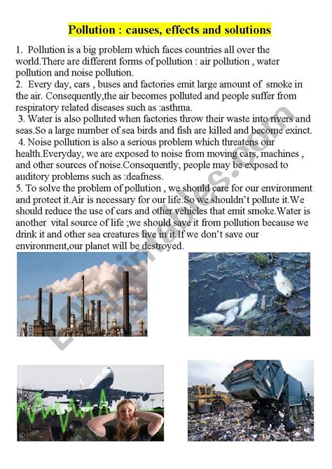 pollutioncauses effects  solutions esl worksheet  mhimed