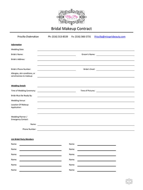 printable wedding hair  makeup contract template  printable