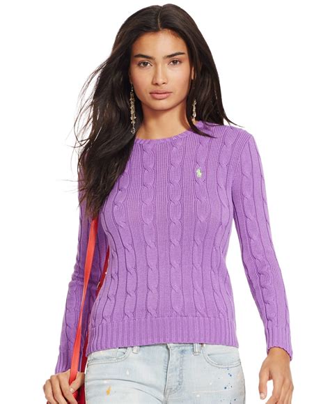 polo ralph lauren cable knit crewneck sweater  purple lyst