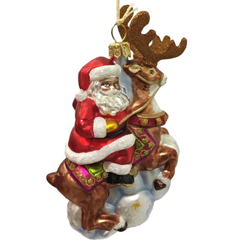Santa Claus Riding On Reindeer Polish Glass Christmas Tree Ornament