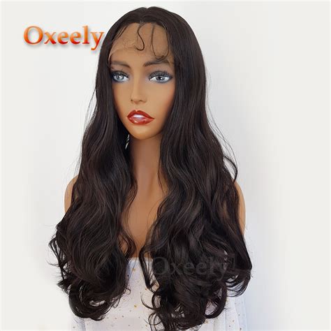 oxeely dark brown body wave synthetic lace front wigs long hair lace