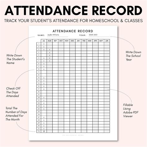 homeschool attendance record printable fillable  attendance tracker