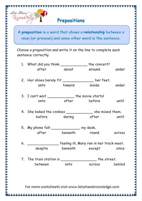 prepositions worksheets  grade   answers prepositions