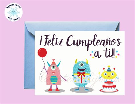 spanish birthday card printable  monstersdigital item etsy