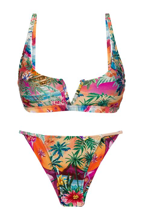 Colorful Tropical Cheeky Brazilian Bikini With V Bralette Top Set