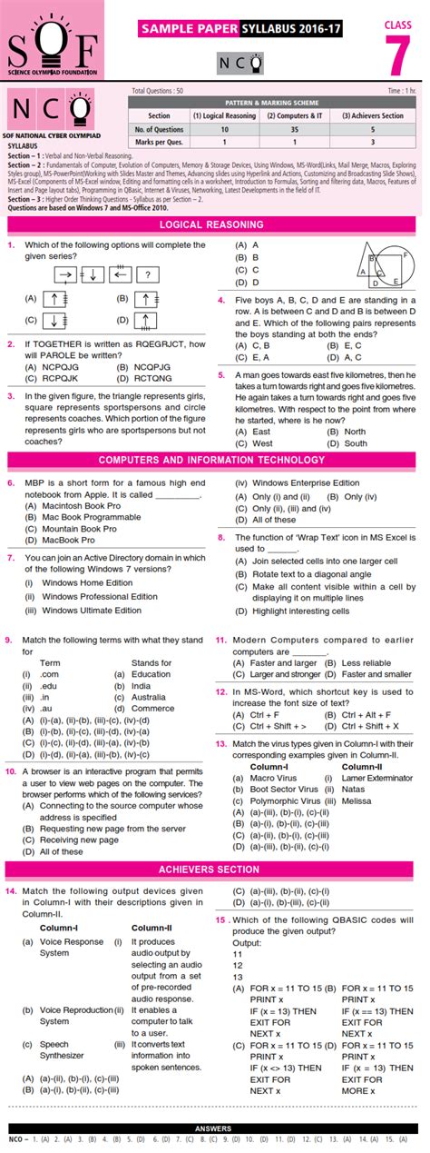 Nco Nso Imo Ieo And Igko 2017 18 Class 7 First Level