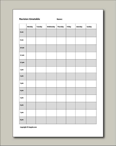 revision timetable template   gcse blank printable exam studying