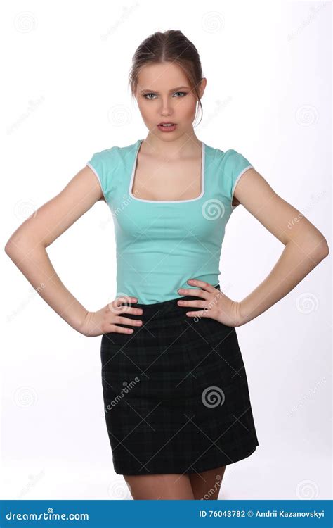 Model Posing With Hands On Her Hips Close Up White Background Stock