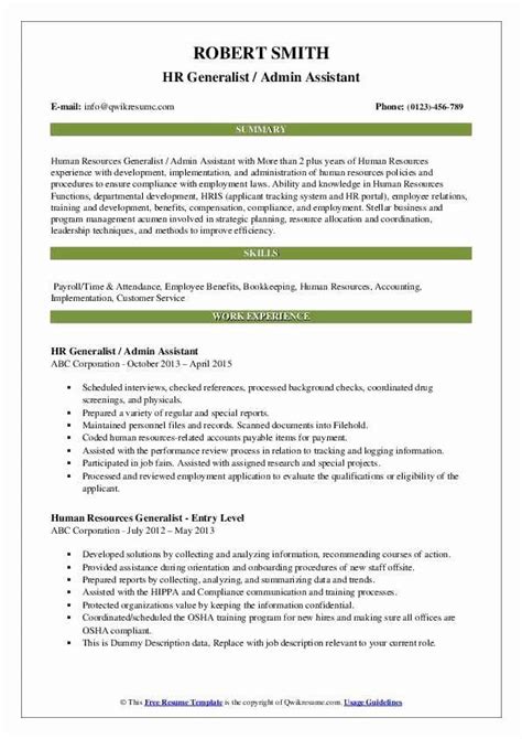 sample hr generalist resume templates office  medical