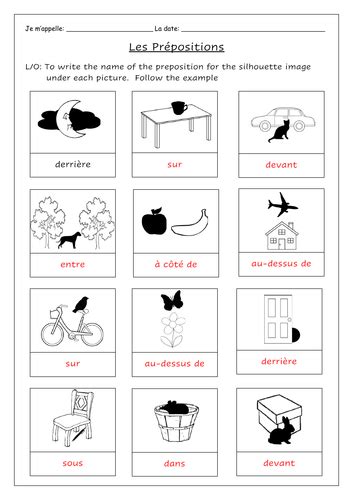 introduction  french prepositions worksheets teaching resources