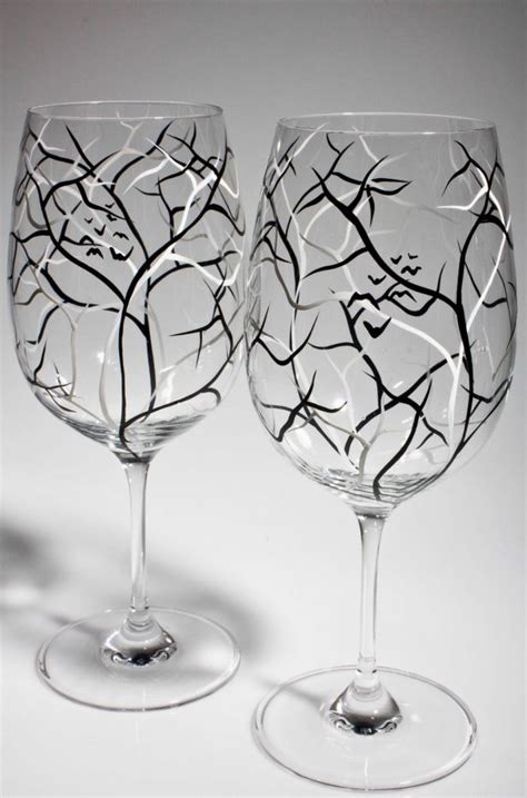 Hand Painted Wine Glasses With Spooky Halloween Trees Pair Of 2