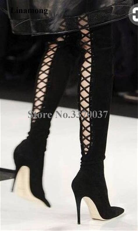 ladies sexy back lace up suede leather over knee gladiator boots cut
