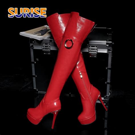 sexy patent leather women thigh high platform boots red lady dance