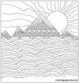 Mountains Sea Sun Coloring Landscape Pages Zentangle Doodle Sample Vector Illustration Background Book Color Nature sketch template