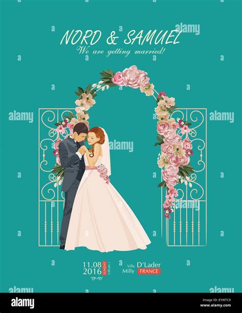wedding vintage invitation card template vector with bride and groom