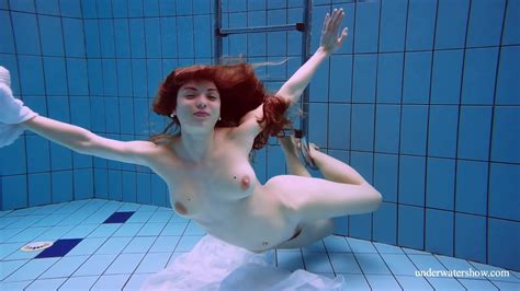underwater show redhead marketa in a white dress in the pool porndoe