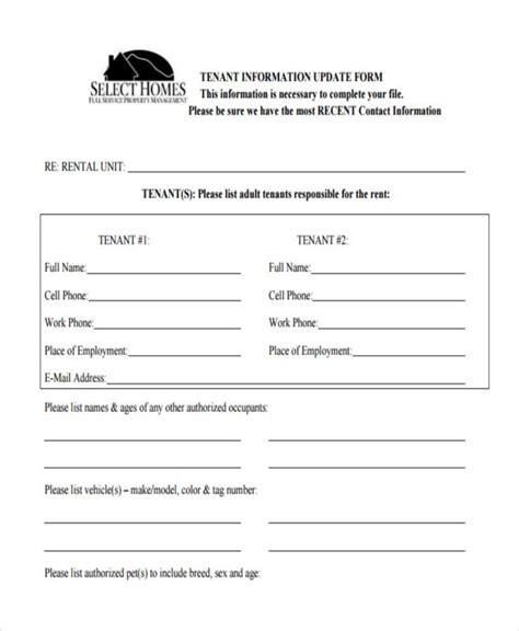 tenant information form template word